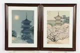 Japanese School, "Night Scene of Temple", "Day Scene of Temple", Two ink and color woodcut print on paper, signed and