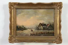E.P. Moerman, Travelers by Cottage, Oil on panel