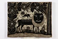Sergio Bustamante, Lions in Stylized Jungle, Oil on panel