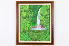 Jean-Claude Chrispin, Flamingos by Waterfall in Green Jungle Scene, Oil on canvas