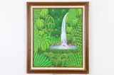 Jean-Claude Chrispin, Flamingos by Waterfall in Green Jungle Scene, Oil on canvas