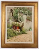 Mitch Billis, Patio with Potted Geraniums, Oil on canvas