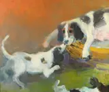 Beagles at Play by Charles Kenneth Sibley, Oil on canvas, offered Apr 2018