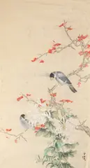 Chinese School, "Birds on the Tree", Ink and color on paper scroll, signed