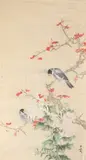 Chinese School, "Birds on the Tree", Ink and color on paper scroll, signed