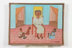 Micius Stephane, Interior Scene with Mother and Children, Oil on board