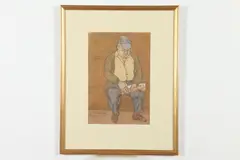Joseph Solman, Seated Man with Hat, Gouache on newsprint
