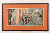 Utagawa Toyokuni, "Triptych Geisha and Samurai", Color woodcut print on paper, signed and