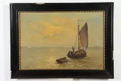 Hermann Bahner, Morning Fishing, Oil on canvas in "as is" condition