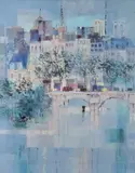 László Ney, Abstract French City Street Scene, Oil on canvas