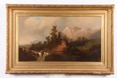 S. Krause, Figure by Waterfalls, Oil on canvas