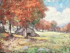 George A. Traver, Barn in Autumn Landscape, Oil on canvas