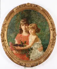 Julien Léon Bourdon, Portrait of Mother and Daughter with Basket of Ivy, Oil on canvas