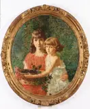 Julien Léon Bourdon, Portrait of Mother and Daughter with Basket of Ivy, Oil on canvas