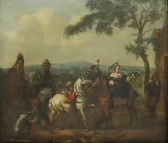 Carel van Falens, Untitled, 1683-1733) A hawking party oil on oak panel 23 x 27.5cm