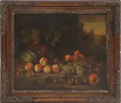 Tobias Stranover, Untitled, medlars and other fruit on a ledge oil on canvas 63 x 73cm