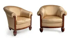 Leon Bouchet, Pair of Bergeres, carved mahogany, silk upholstery
