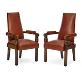 Charles Dudouyt, Pair of High Back Chairs, carved oak, leather