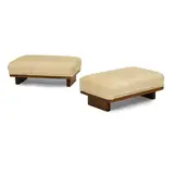 Pair of Kneeling Stools by George Nakashima, walnut, woven silk upholstery, one signed with client's name 'FISCHER' on the underside, sold Oct 2021