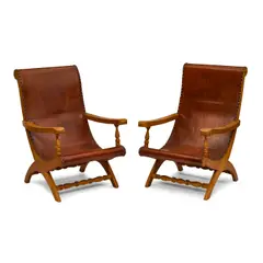 Luis Barragán, Pair of Butaque Chairs, white oak, leather, metal studs