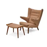 Papa Bear Chair and Ottoman by Hans J. Wegner, teak, upholstery, with Danish control tag to underside of chair, sold Oct 2021