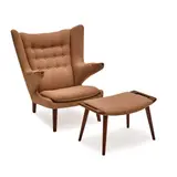 Papa Bear Chair and Ottoman by Hans J. Wegner, teak, upholstery, with Danish control tag to underside of chair, sold Oct 2021