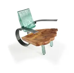 Danny Lane, Unique Greenback Chair, steel, float glass, knotted elm, five pence coin, ink mark 'Danny Lane 97 1/1'