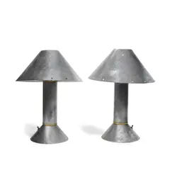 Ron Rezek, Pair of Zinc Table Lamps, patinated zinc, brass, with maker's label to the underside of the base