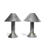 Ron Rezek, Pair of Zinc Table Lamps, patinated zinc, brass, with maker's label to the underside of the base