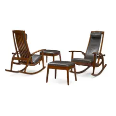 Robert Erickson, Pair of Adjustable Rocking Chairs and Ottomans, oak, leather, each inscribed 'Robert Erickson 1993 Nevada City California' with initials and numbers