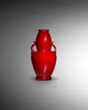 Barovier Seguso Ferro, Vase with Handles, Z1115, red pasta vitrae glass with applied handles and iridized surface