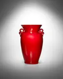 Barovier Seguso Ferro, Vase with Handles, Z1224, red pasta vitrae glass with applied handles and iridized surface