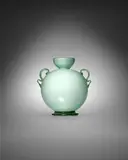 Barovier Seguso Ferro, Incamicato Vase with Handles, Z1258, incamiciato glass with gold foil applied handles and foot
