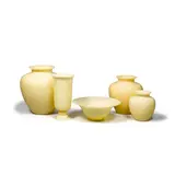Frederick Carder, Group of Five Table Objects, for Steuben, ivory glass, comprising four vases and one bowl, one with Steuben label