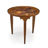 Egyptian Revival Articulated Occasional Table by Émile Gallé, inlaid and carved walnut with articulated top, inlaid facsimile signature 'Galle', sold Jul 2021