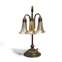 Three Light Lily Lamp by Tiffany Studios, patinated bronze, sold Jul 2021