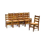Assembled Set of Nine Ladder Back Side Chairs by Gustav Stickley, oak, leather, two with red Gustav Stickley decal, offered Jul 2021