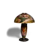 Rare Table Lamp by Brass Pittsburgh Lamp & Glass Company, obverse painted milk glass with illuminated base, patinated metal, offered Jul 2021