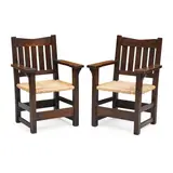 Pair of Early 'V' Back Armchairs by Gustav Stickley, oak, rush, sold Jul 2021