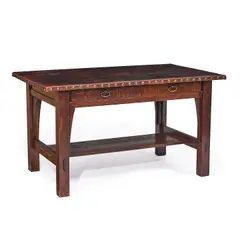 Two Drawer Library Table by Gustav Stickley, oak, leather, copper, nail heads, with Gustav Stickley mark in drawer, sold Jul 2021
