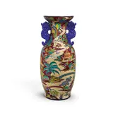 Longwy, Chinese Landscape Two-Handled Vase, unique piece designed by Maurice Paul Chevallier, glazed earthenware, signed, titled, and dated with Longwy Mark on underside