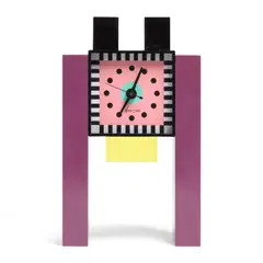 Neos Table Clock by Nathalie du Pasquier and George Sowden, lacquered wood, glass, plastic, enameled aluminum, molded signature 'NEOS OF LORENZ DESIGN DU PASQUIER - SOWDEN MADE IN , sold Jul 2021