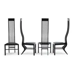 Arata Isozaki, Set of Four High Backed Monroe Chairs, for ICF, ebonized beech, leather, with ICF tag on underside