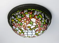 Apple Blossom Ceiling Shade by Tiffany Studios, leaded glass and patinated bronze mounts,, offered Jun 2021