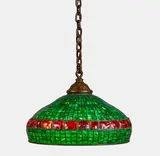 Geometric and Banded Turtle-Back Tile Hanging Lamp by Tiffany Studios, leaded glass and patinated bronze, sold Jun 2021