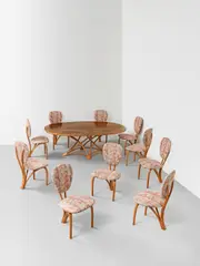 John Makepeace Obe, Important and unique dining table and set of ten chairs, designed for a private commission, London, 1985-1986, Wenge-veneered wood, cherry, tapestry-woven fabric upholstery