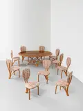 John Makepeace Obe, Important and unique dining table and set of ten chairs, designed for a private commission, London, 1985-1986, Wenge-veneered wood, cherry, tapestry-woven fabric upholstery
