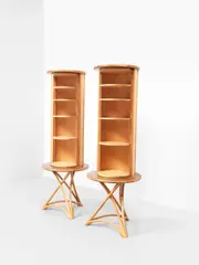 John Makepeace Obe, Unique pair of cylindrical and rotating cabinets, designed for a private commission, London, 1985-1986, Wenge-veneered wood, cherry, birds-eye maple