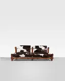 Unique sofa, designed for the Penthouse flat, Highpoint Two, Highgate, London by Berthold Lubetkin and Margaret Lubetkin, 1936-1938, Norwegian yew, sandblasted pine, Cowhide, leather, chromium-plated metal, sold Oct 2021