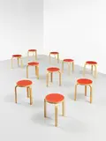 Group of ten 'L-leg' stackable stools, model no. 60-6, designed 1932-1933 by Alvar Aalto, Birch, plastic laminate-covered birch, offered Oct 2021